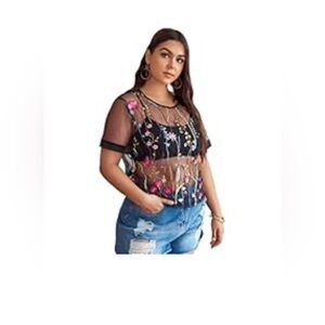 Amazon Embroidered Mesh Sheer Floral Short Sleeve sz XL